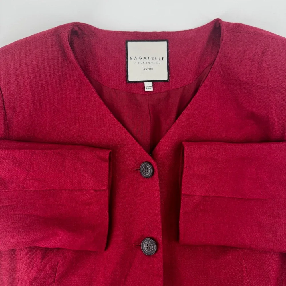 Bagatelle Collection Dark Red Linen Blend Collarless Blazer Jacket Womens L - Picture 3 of 11